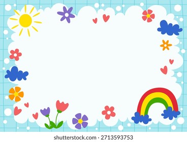 Un marco colorido con flores y nubes