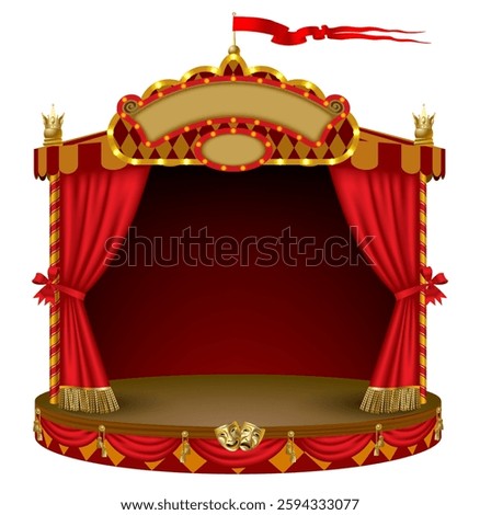 Colorful frame in the form of an open puppet theater stage or circus tent isolated on white. Vector illustration in 3d style. NOT AI generated