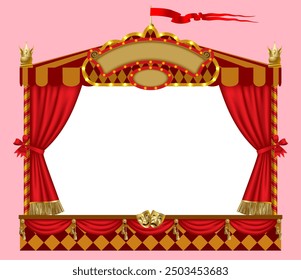 A colorful frame in the form of theatrical scenes and puppet show booth isolated on pink background. Artistic poster in 3d style. Vector illustration