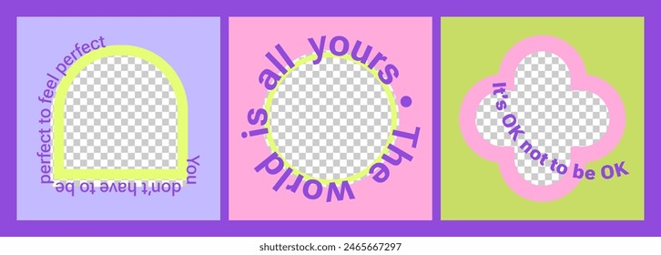 Colorful frame for foto with mindfulness text. Modern template for social media. View through geometric forms. Border on a translucent background. Pastel colors. Vector illustration