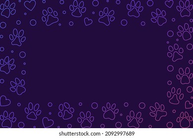 Colorful Frame made of Pet Paw Foot Prints - vector horizontal illustration with animal paw print line signs