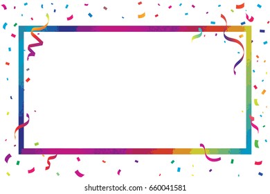 Colorful Frame And Many Falling Confetti With Ribbon Falling On White Background. Vector