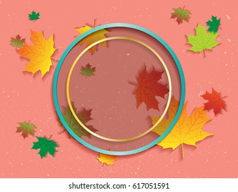 Colorful frame with maple leaf in vintage style. Vector frame or border. Abstract paper texture background with space to your text
