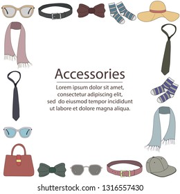 Colorful frame with modern clothing accessories in cartoon style. Spring and summer collection of fashion man and women clothing. Color vector background with text