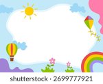 a colorful frame with a rainbow, sun, and balloons