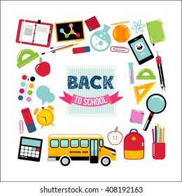 Colorful frame with school supplies."Back to school" vector illustration.