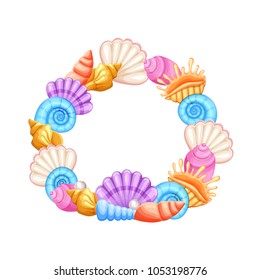Colorful frame with seashells isolated on white background. vector illustration.
