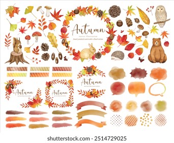 Colorful frame set of fallen autumn leaves and animals with watercolor touch