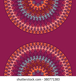 Colorful frame template for cards, invitations, banners. You can use it for place any text here. Card with ethnic traditional bright colors half round patterns on dark background, vector illustration.