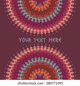 Colorful frame template for cards, invitations, banners. You can use it for place any text here. Card with ethnic traditional bright colors half round patterns on dark background, vector illustration.