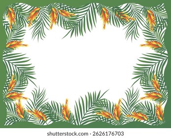 Colorful frame of tropical greenery and bright flowers. Frame of tropical leaves. Vector illustration design. Hand drawn