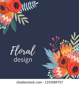 Colorful frame of vintage flowers, floral design, vector illustration