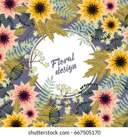 Colorful frame of vintage flowers, hand drawn vector illustration.