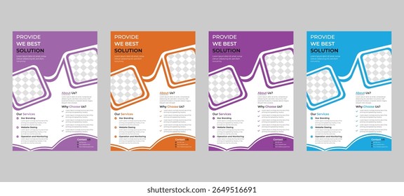 Modelos coloridos de panfletos de negócios baseados em quadros azuis, roxos e laranjas para agências digitais e serviços de marketing