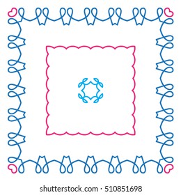 Colorful frames with curly lines isolated on white background. Pink and blue wavy frames with hearts. For cards, invitations, menu, valentines, birthday, Christmas and New year.