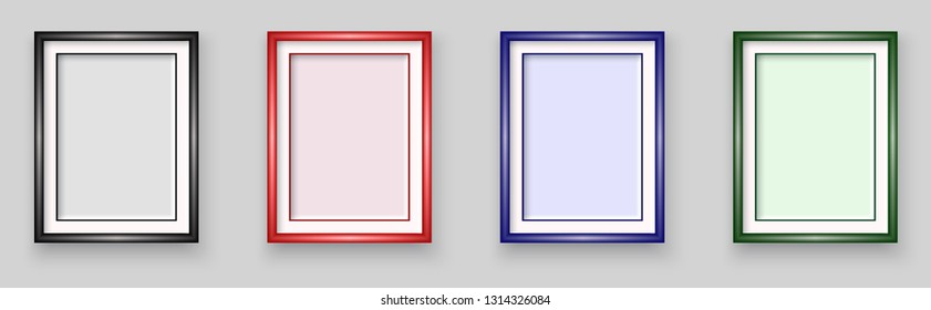 Colorful Frames on the wall. Photoframe mock up set. Empty framings for your design. Frames set. Place for text. Vector templates bundle for picture, painting, poster, lettering or photo gallery.