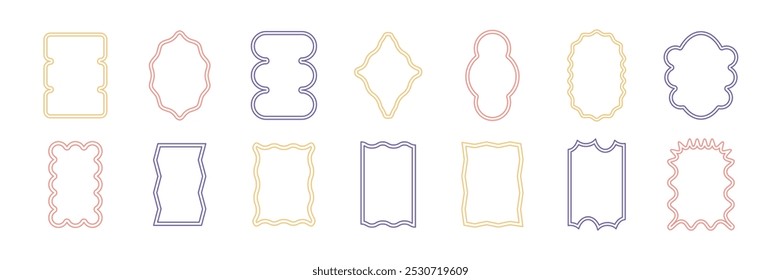 Colorful frames with wavy edges. Scalloped rectangular shapes with squiggly borders. Abstarct line frames. Groovy forms. Vector illustration