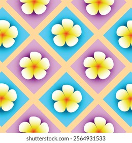 Colorful Frangipani Flower Pattern with Diamond Shapes. A seamless pattern featuring vibrant frangipani flowers set against pastel diamond-shaped backgrounds. Perfect for tropical-themed projects.