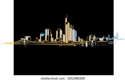 Colorful Frankfurt Main Drawing on black. Well crafted vector sketch für private and commercial use.