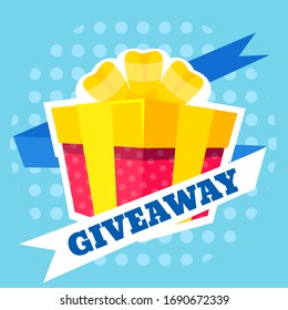 Colorful free - giveaway wrapped gift box. Motivation for customers. Quiz, giveaways post, free gifts box prize with ribbon and holidays surprise inside. Vector illustration.