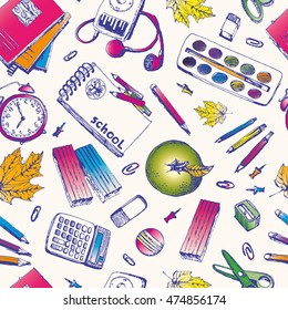 Colorful freehand drawing seamless pattern with school items on a white background. Back to School. Vector Illustration. Set