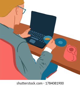 Colorful freelancer concept with laptop in cafe. Back view. Vector illustration