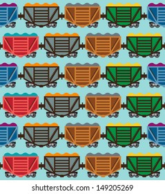 Colorful freight train on a blue background. Seamless pattern.