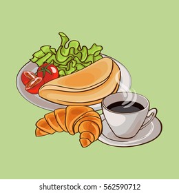 Colorful french breakfast template with cup of black coffee croissant and omelettes plate isolated vector illustration