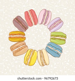 Colorful french cookie macaroon twisted over round pattern