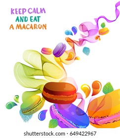 Colorful french macaron cookies with drops and abstract waves, beautiful background for design, Vector