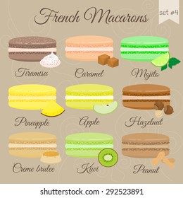 Colorful French macarons with different flavors and cream. Set # 4.