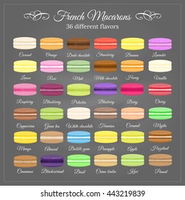 Colorful French macarons with different flavors and cream on chalkboard background.