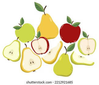 Colorful fresh apples and pears with leaves and seeds,. Whole, halfs and slices. Red, green and yellow. Vector isolated illustration.