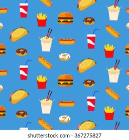 colorful fresh flat design fast food restaurant pattern wallpaper with light royal blue
 background