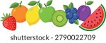 Colorful Fresh Fruit Arrangement Vector Illustration With Strawberry Orange Lemon Apple Kiwi Blueberries Plum And Watermelon
