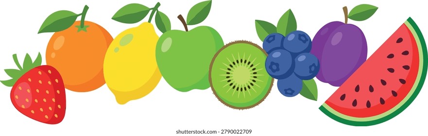 Colorful Fresh Fruit Arrangement Vector Illustration With Strawberry Orange Lemon Apple Kiwi Blueberries Plum And Watermelon