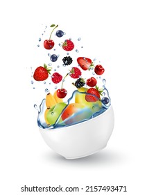 Colorful fresh fruit  falling into the water splash. Vector illustration
