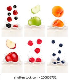 Colorful fresh fruits falling into the milky splash. Vector illustration