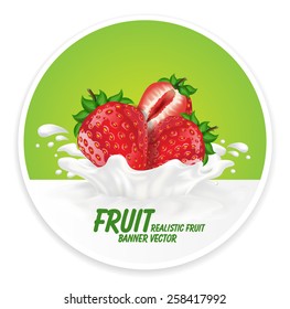 Colorful fresh fruits falling into the milky splash banner. Vector illustration