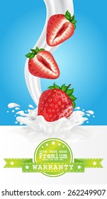 Colorful fresh fruits falling into the milky splash banner. Vector illustration