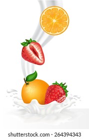 Colorful fresh fruits falling into the milky splash. Vector illustration
