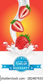 Colorful fresh fruits falling into the milky splash banner. Vector illustration