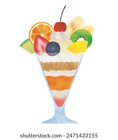 Colorful fresh fruits sundae watercolor