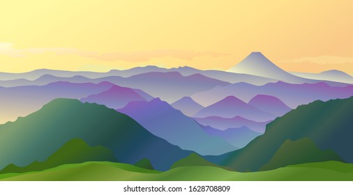 Colorful fresh green hills in fog and sunlight with Fuji mountain and yellow sky in morning 