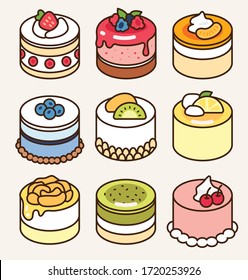 Colorful fresh mini fruit cake collection with different fruit flavor in round shape: berries, orange, kiwi, mango, lemon, peach, cherry. Traditional sweet dessert icon vector illustration flat design