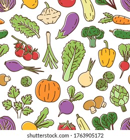 Colorful fresh organic vegetables in line art style seamless pattern. Bright natural ripe root crops, salads and herbs with design elements vector illustration. Seasonal vegetarian food ingredients