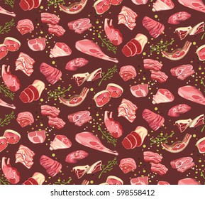 Colorful fresh pork meat seamless pattern with various parts of cutting pig in sketch style vector illustration