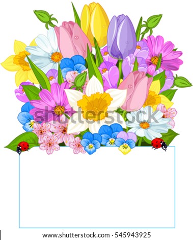 Colorful fresh spring flowers forming a seasonal border   above a blank sign with copy space