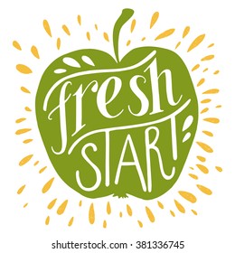 Colorful 'Fresh start' hand lettering motivational illustration. Green apple silhouette. Can be used as a print on t-shirts, bags, stationary and poster.