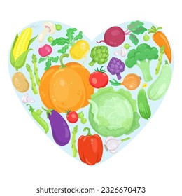 Colorful fresh vegetables arranged in the shape of a heart. In cartoon style. Isolated on white background. Vector flat illustration.